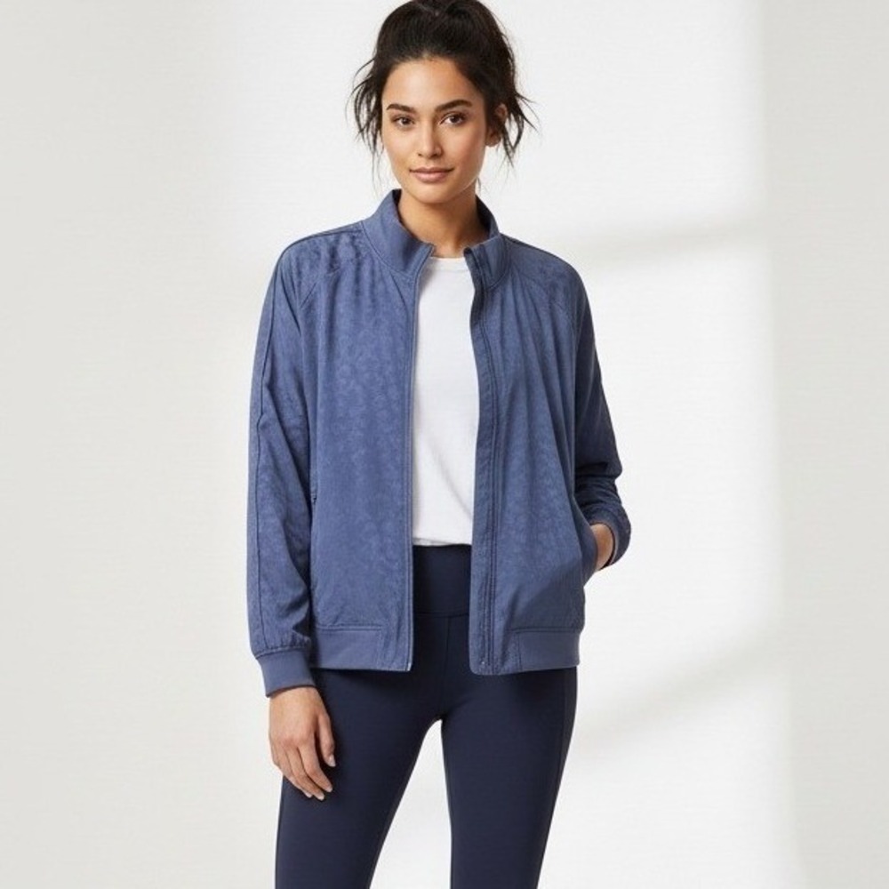 Athleta Brooklyn Bomber Jacket 3X Blue Leopard Jacquard‎ Lightweight